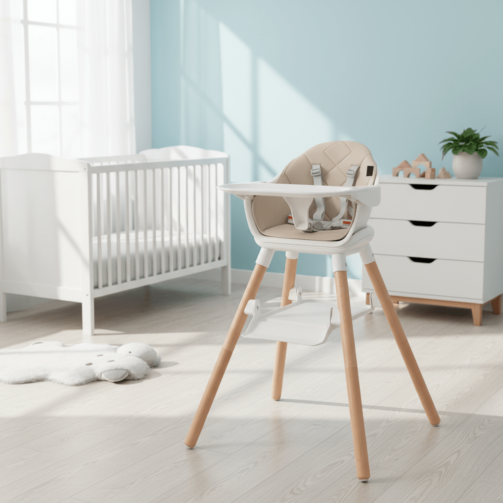 3 in 1 High Chairs for Babies And Toddlers, Convertible Children Feeding Chair with Foot Rest, Removable Double Tray, Easy to Clean Cushion, 5-Point Safety Harness, Solid Wood Legs
