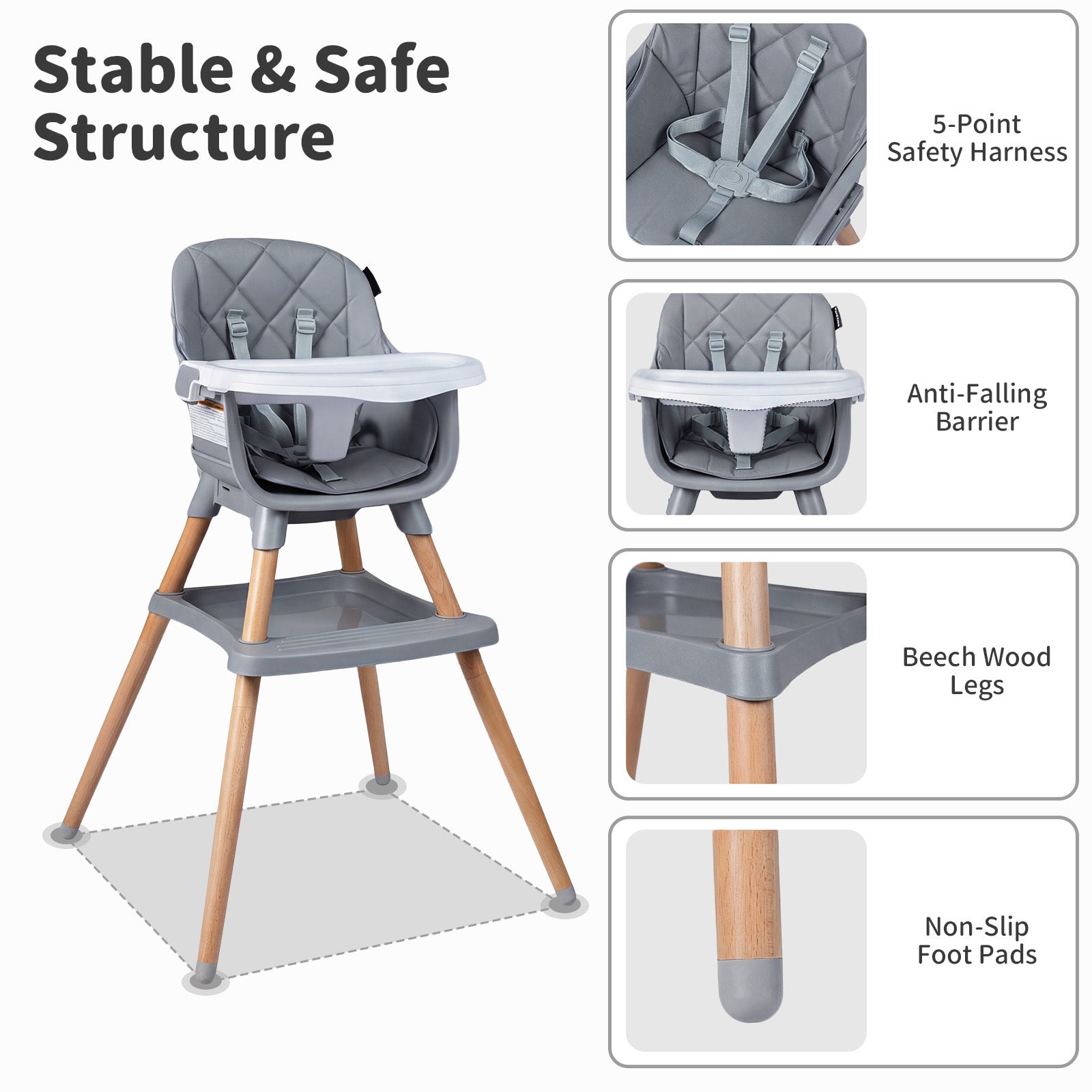 9-In-1 Convertible High Chair for Babies And Toddlers, Infants Booster Seat with Harness And Seat Cushion, Kids Floor Chair with Beech Wood Legs And Dishwasher-Safe Tray, Gray