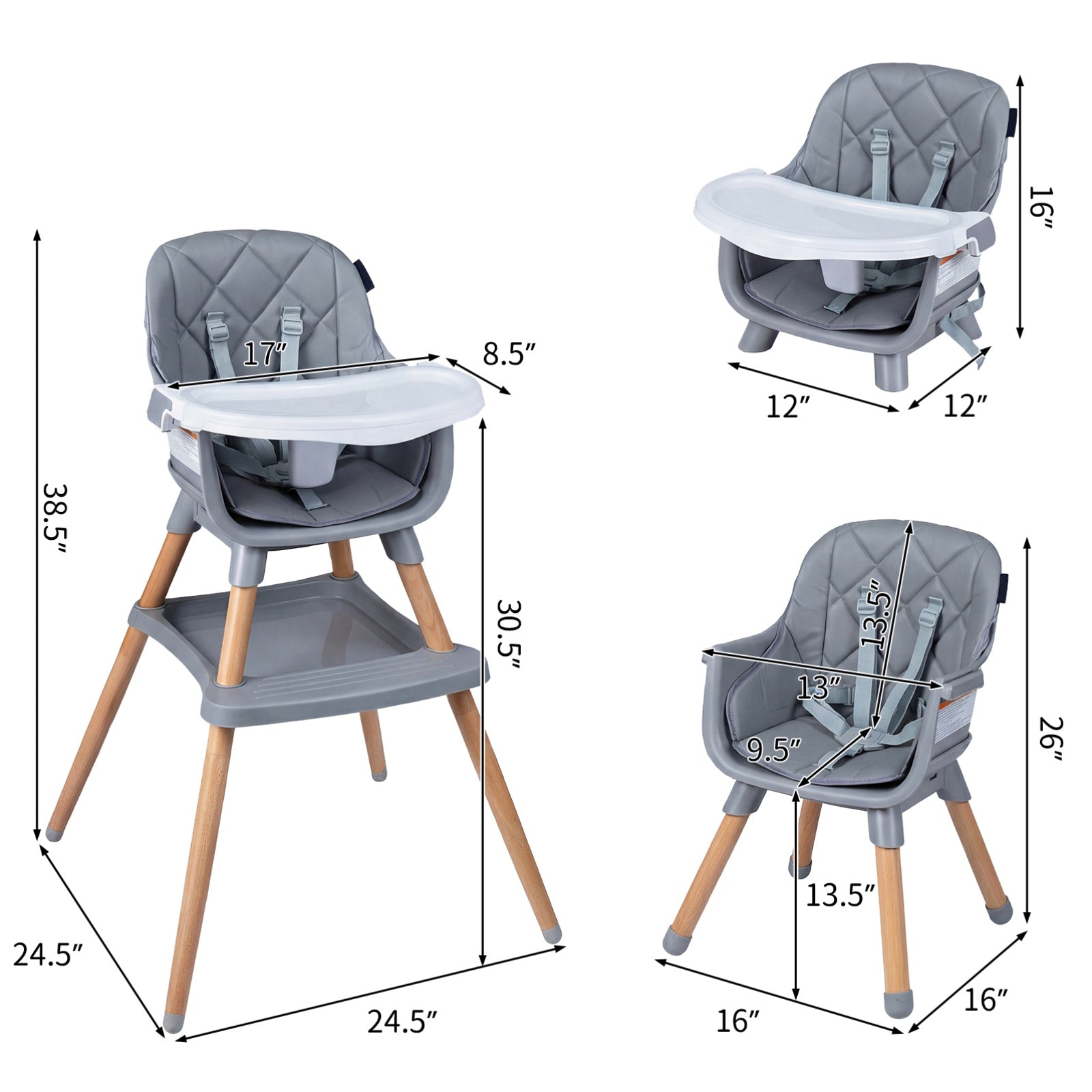 9-In-1 Convertible High Chair for Babies And Toddlers, Infants Booster Seat with Harness And Seat Cushion, Kids Floor Chair with Beech Wood Legs And Dishwasher-Safe Tray, Gray