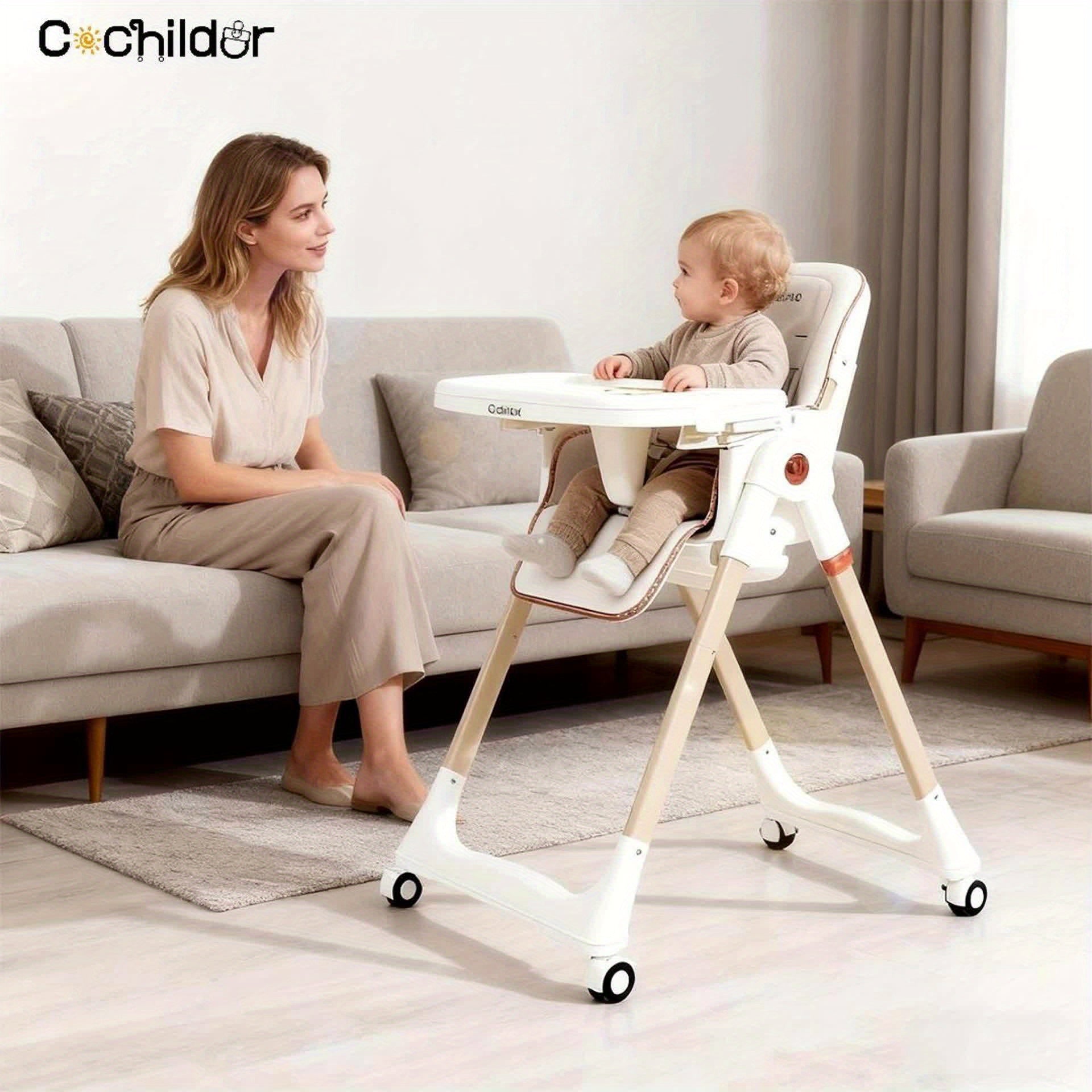 Cochildor Baby High Chair, 3-in-1 Foldable Booster Seat with Adjustable Height, Recliner, 5-Point Safety Harness, Removable Tray, Lockable Wheels, Easy Clean-Colors: Green, White, Black