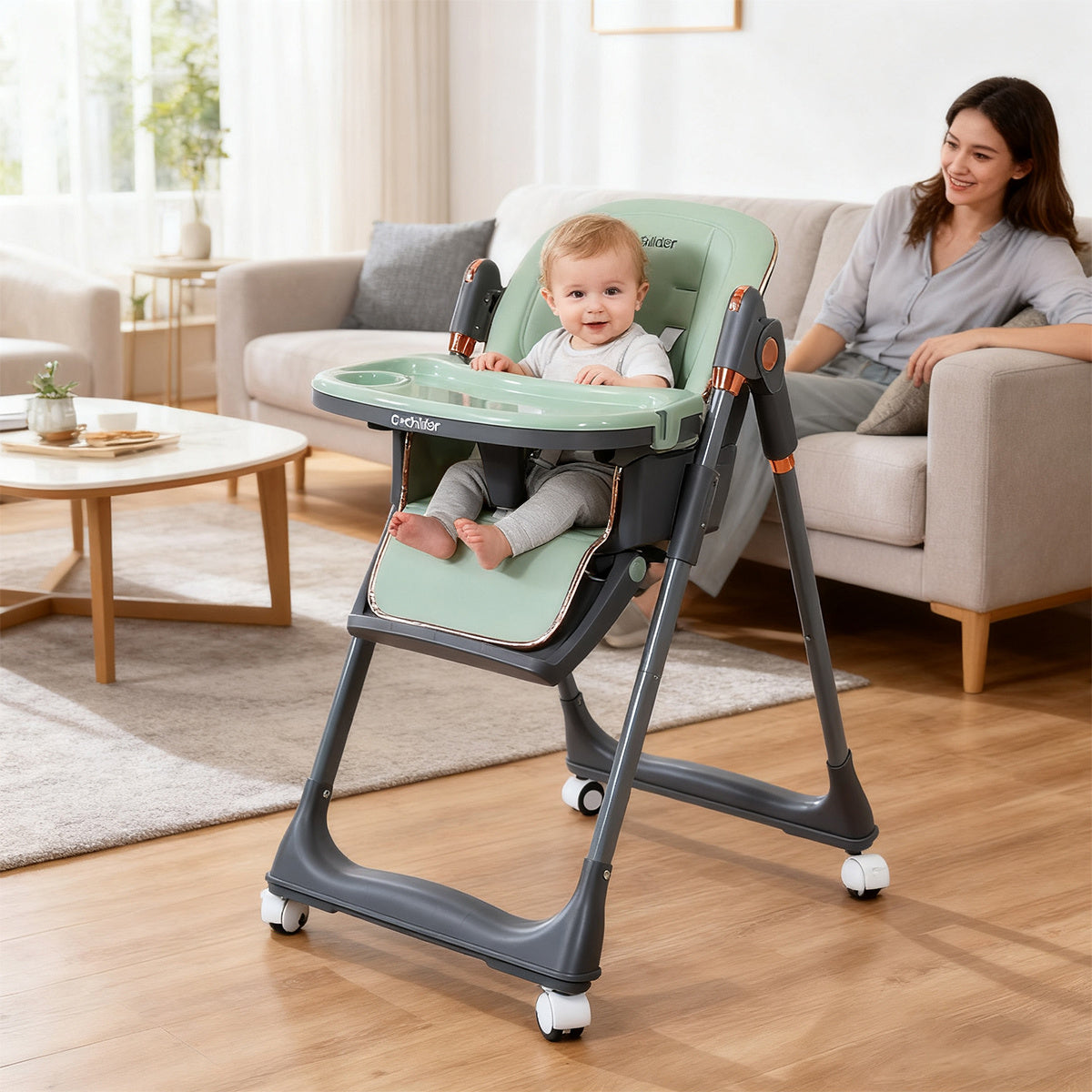 Cochildor Baby High Chair, 3-in-1 Foldable Booster Seat with Adjustable Height, Recliner, 5-Point Safety Harness, Removable Tray, Lockable Wheels, Easy Clean-Colors: Green, White, Black