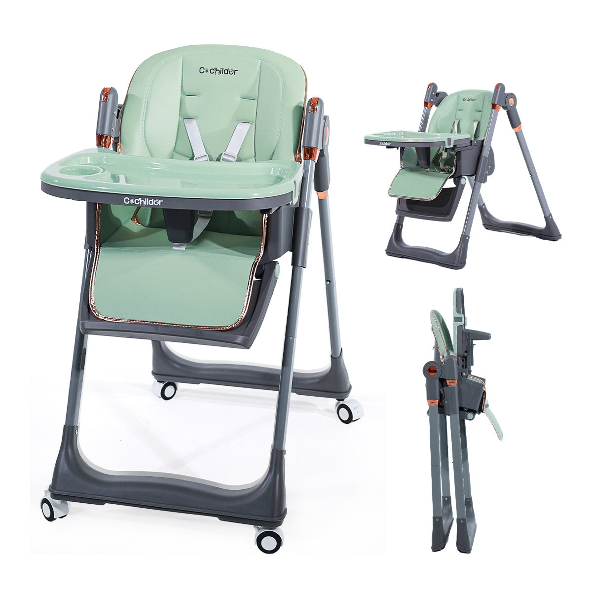 Cochildor 3-In-1 Foldable High Chair - Height Adjustable, Reclining Seat, 5-Point Safety Harness, Detachable Tray & Wheels, Easy to Clean, Portable Baby Toddler Chair - Offered in Green, White, And Black