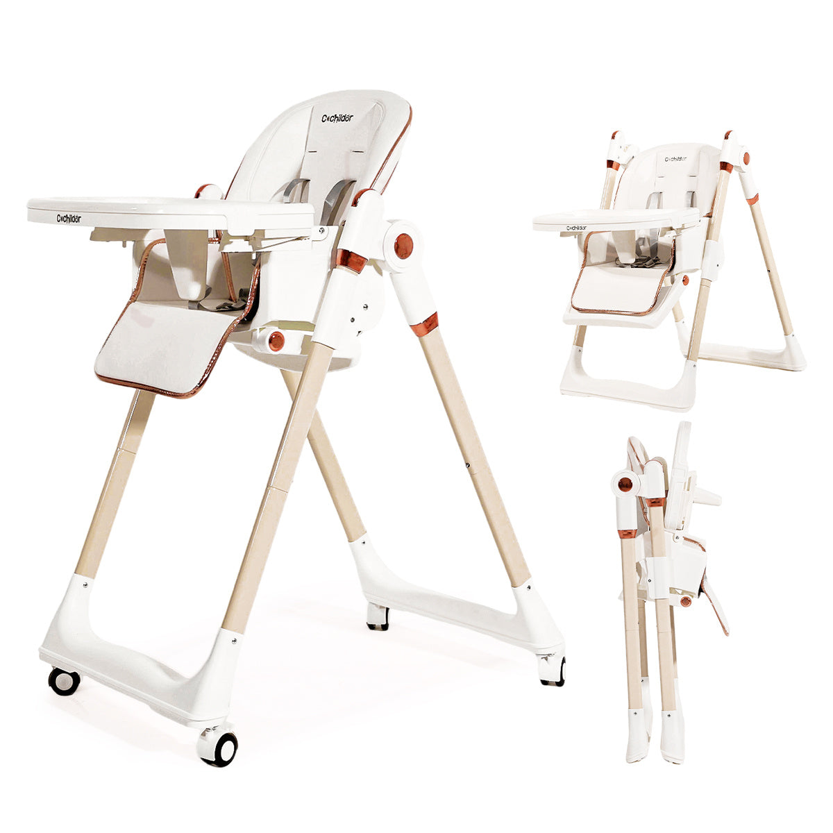Cochildor 3-In-1 Foldable High Chair - Height Adjustable, Reclining Seat, 5-Point Safety Harness, Detachable Tray & Wheels, Easy to Clean, Portable Baby Toddler Chair - Offered in Green, White, And Black