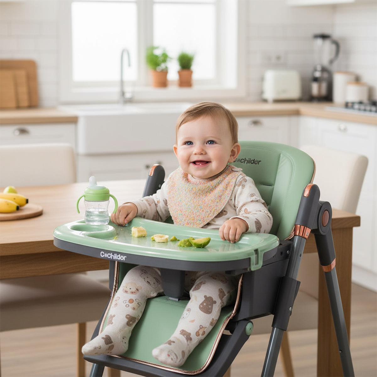 Cochildor Baby High Chair, 3-in-1 Foldable Booster Seat with Adjustable Height, Recliner, 5-Point Safety Harness, Removable Tray, Lockable Wheels, Easy Clean-Colors: Green, White, Black