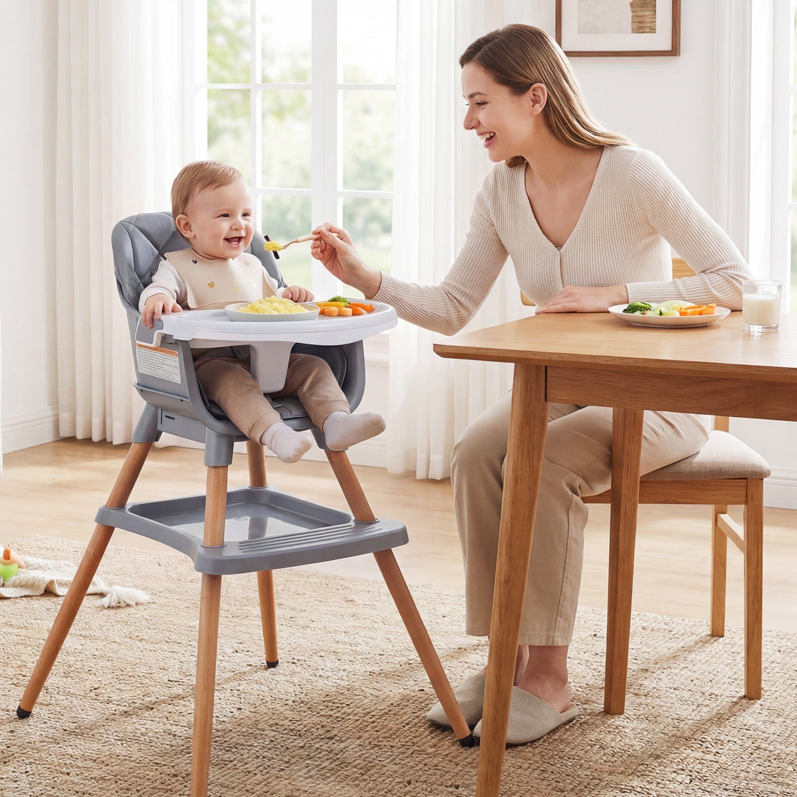9-In-1 Convertible High Chair for Babies And Toddlers, Infants Booster Seat with Harness And Seat Cushion, Kids Floor Chair with Beech Wood Legs And Dishwasher-Safe Tray, Gray