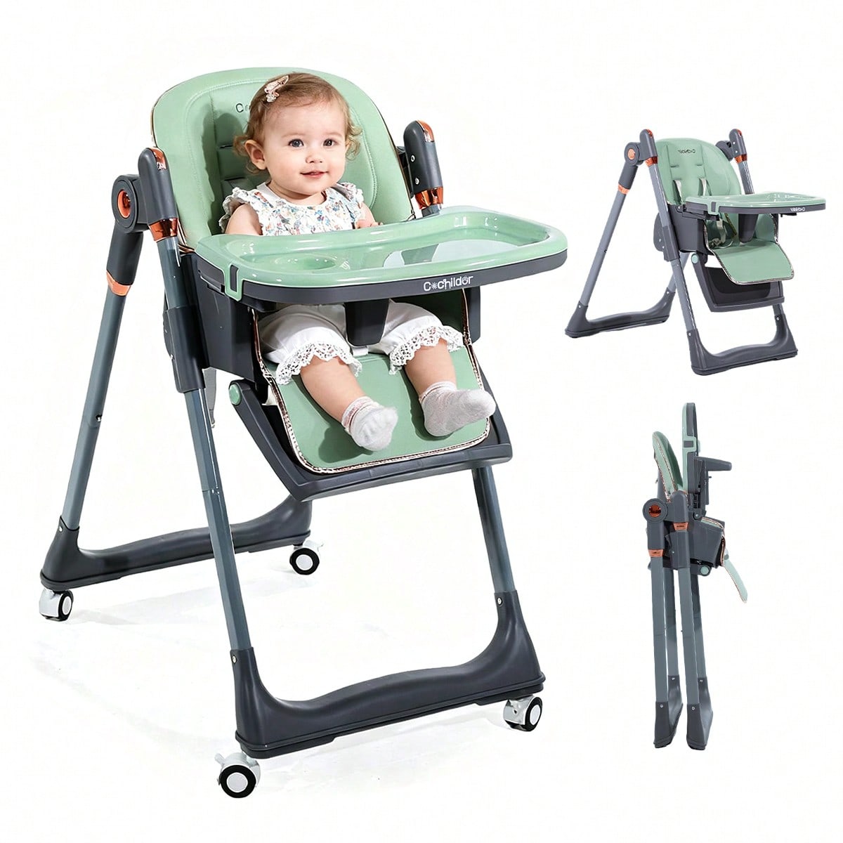 Cochildor Baby High Chair, 3-in-1 Foldable Booster Seat with Adjustable Height, Recliner, 5-Point Safety Harness, Removable Tray, Lockable Wheels, Easy Clean-Colors: Green, White, Black