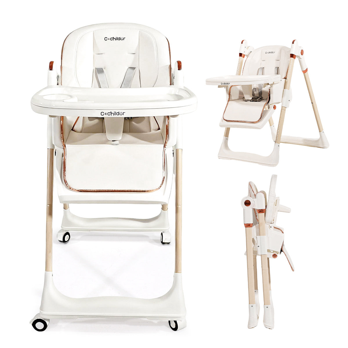 Cochildor Baby High Chair, 3-in-1 Foldable Booster Seat with Adjustable Height, Recliner, 5-Point Safety Harness, Removable Tray, Lockable Wheels, Easy Clean-Colors: Green, White, Black