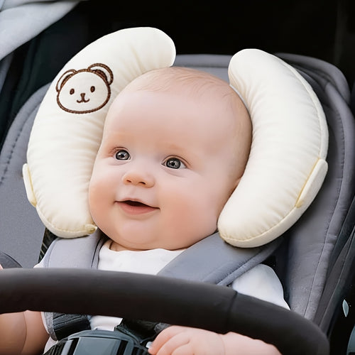 1pc Child Car Seat Headrest, Stroller Neck Support Pillow, Cartoon Bear Head Pattern - Crescent Moon Shape Design, Detachable Design, Suitable for Travel, Outdoors, Baby Strollers, Car Seats, Easy to Clean - The Perfect Gift for Baby's Ramadan