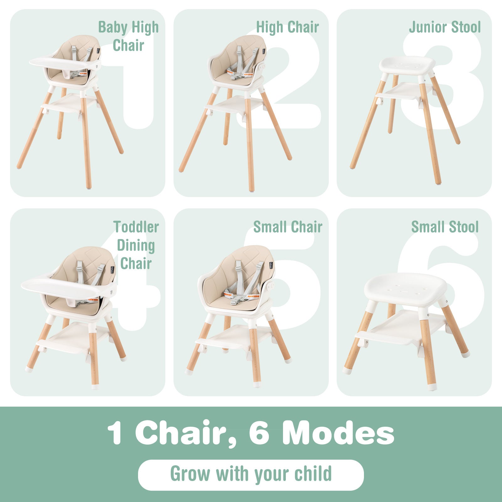 3 in 1 High Chairs for Babies And Toddlers, Convertible Children Feeding Chair with Foot Rest, Removable Double Tray, Easy to Clean Cushion, 5-Point Safety Harness, Solid Wood Legs