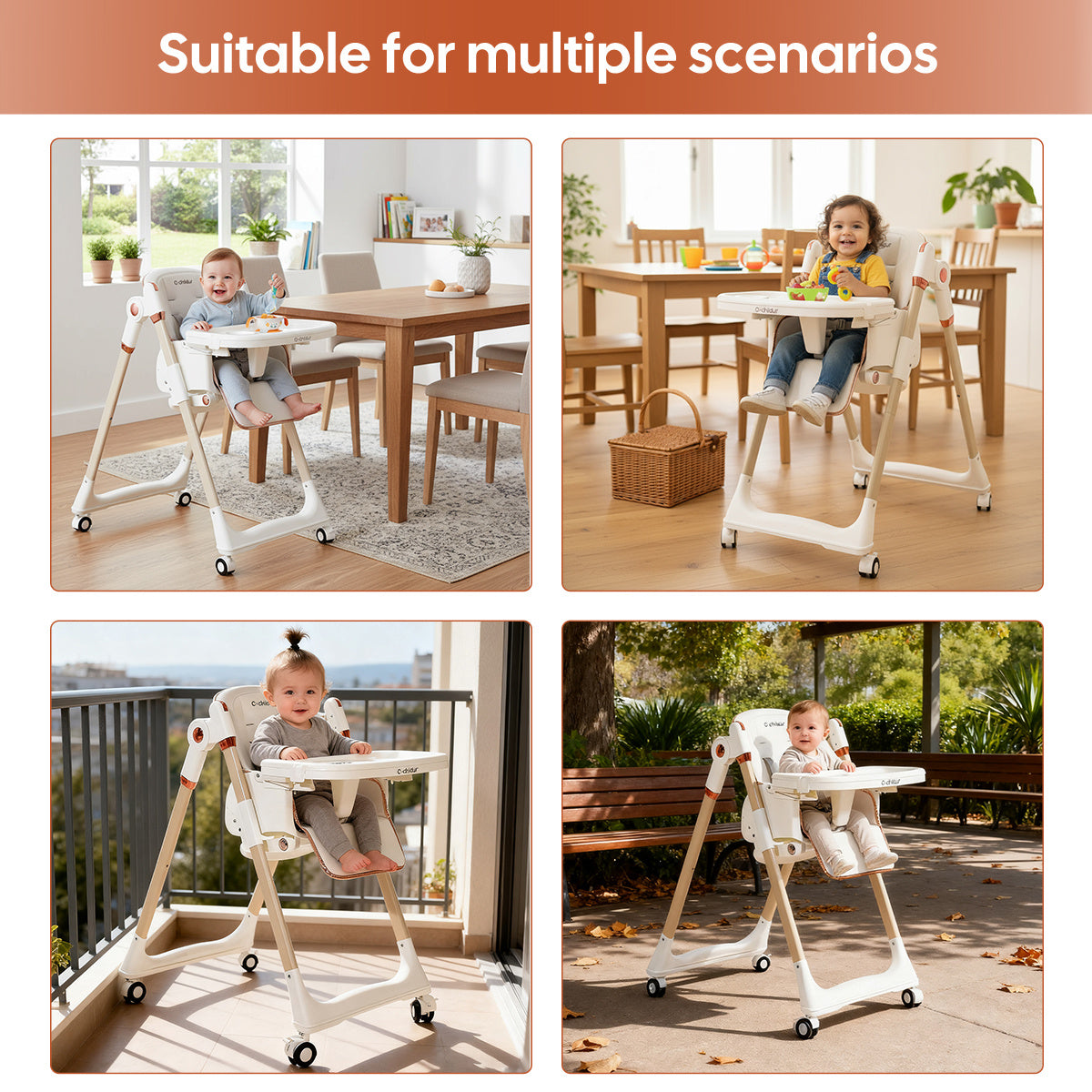 Cochildor 3-In-1 Foldable High Chair - Height Adjustable, Reclining Seat, 5-Point Safety Harness, Detachable Tray & Wheels, Easy to Clean, Portable Baby Toddler Chair - Offered in Green, White, And Black