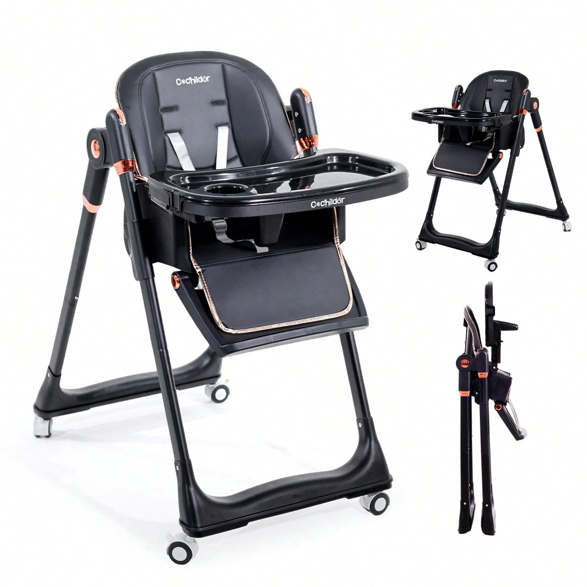 Cochildor Baby High Chair, 3-in-1 Foldable Booster Seat with Adjustable Height, Recliner, 5-Point Safety Harness, Removable Tray, Lockable Wheels, Easy Clean-Colors: Green, White, Black