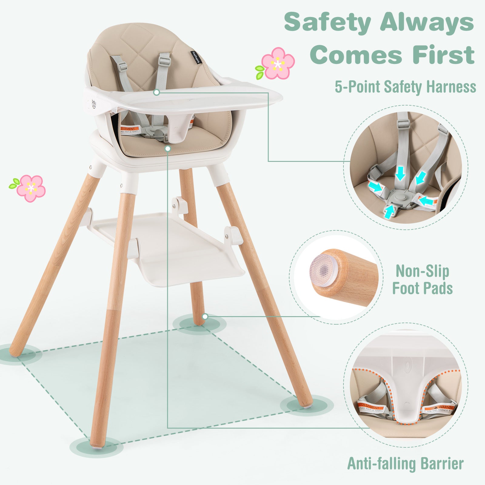 3 in 1 High Chairs for Babies And Toddlers, Convertible Children Feeding Chair with Foot Rest, Removable Double Tray, Easy to Clean Cushion, 5-Point Safety Harness, Solid Wood Legs